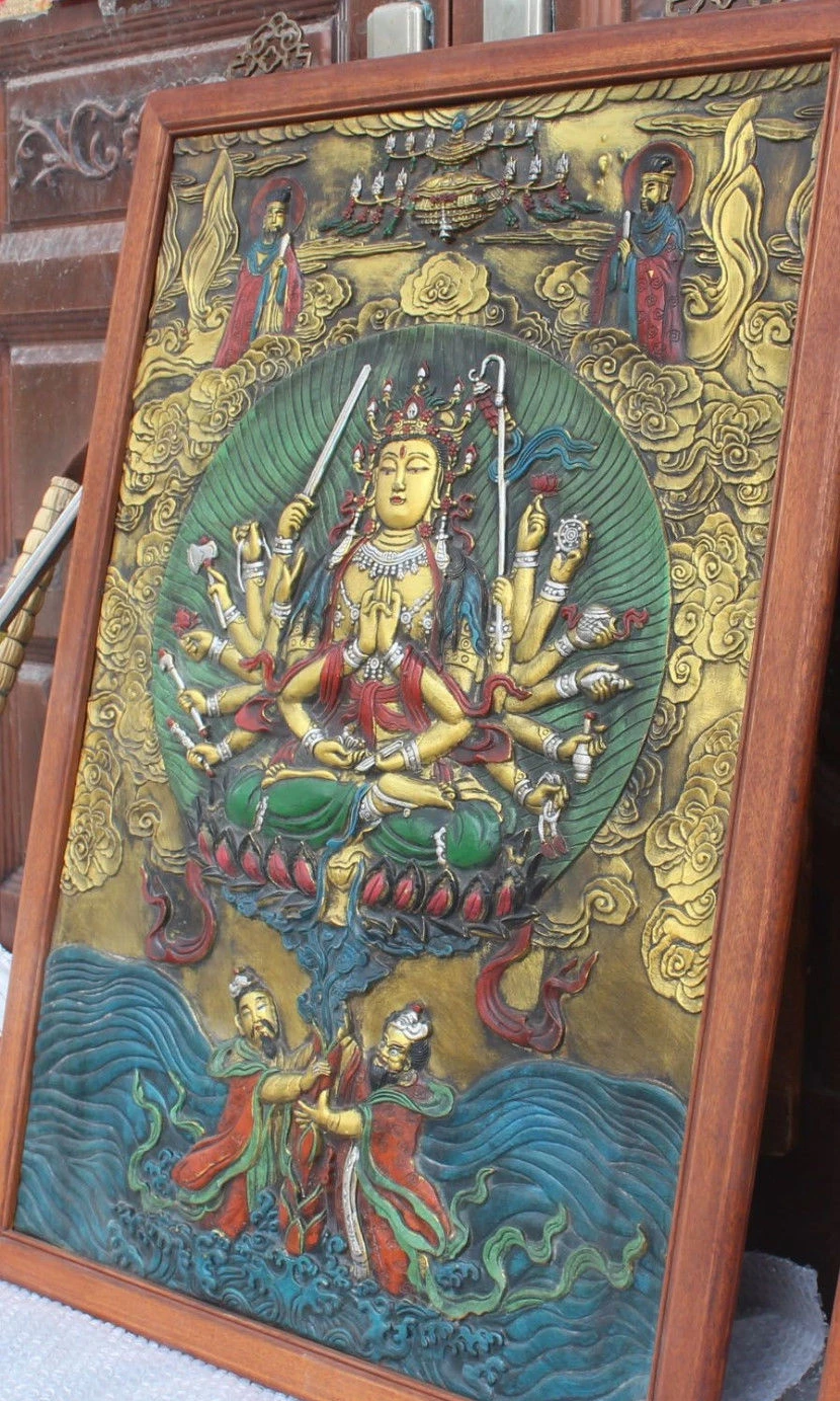 110 см тибетская деревянная бронзовая картина 1000 Arms Avalokiteshvara богиня Будда тангка