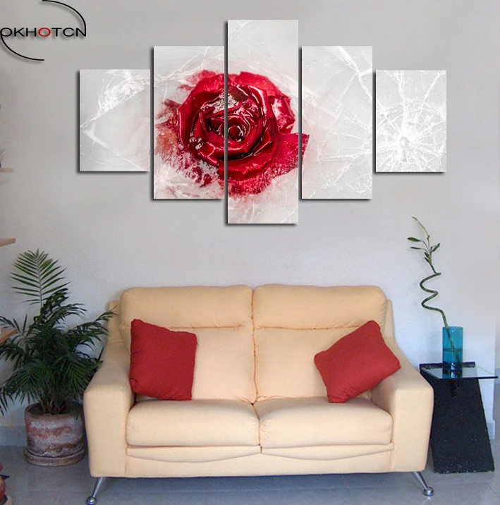 Настенная модульная картина замороженная красная роза 5 панелей|art canvas|red rose