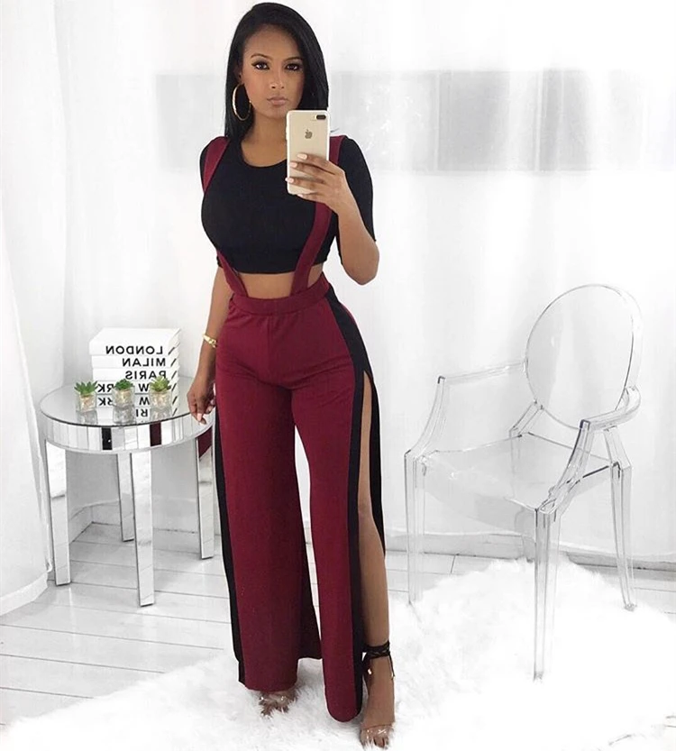 Сексуальный женский комбинезон из 2 предметов длинный с широкими штанинами штаны