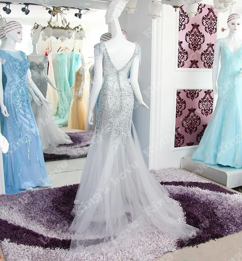 2016 New Arrive High quality Hand Made Beaded Luxury Floor Length Embroidery Backless Silver Grace beauty Evening Dresses | Свадьбы и