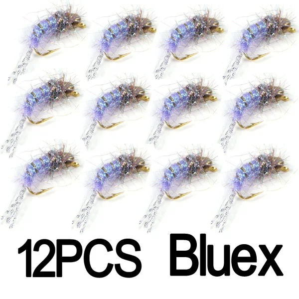 12pcs Bluex 12 шт.#12 рыболовные крючки в виде мухи для ловли форели приманки BeadHead Nymphs розовый синий жемчуг оливковый фиолетовый - Цвет: 12pcs Bluex