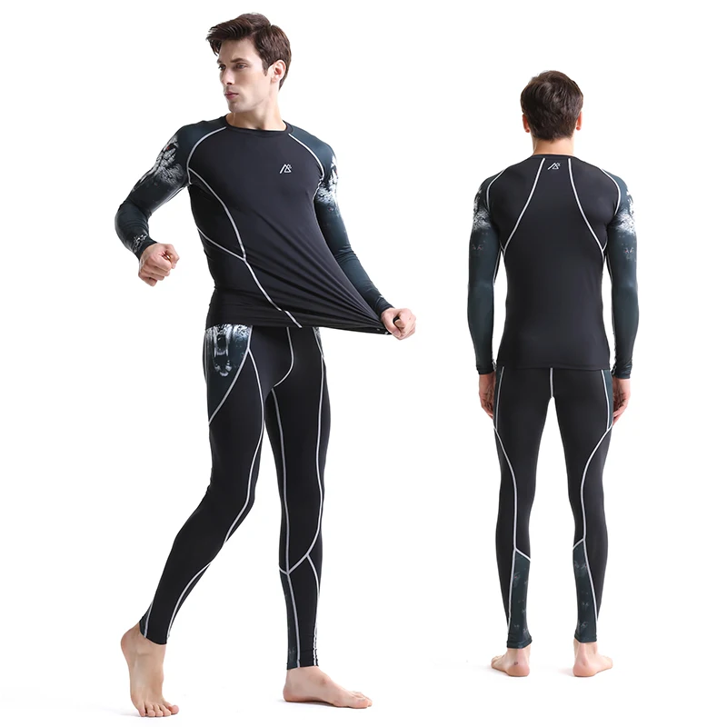 Мужские компрессионные комплекты для фитнеса футболка с длинным рукавом и штаны