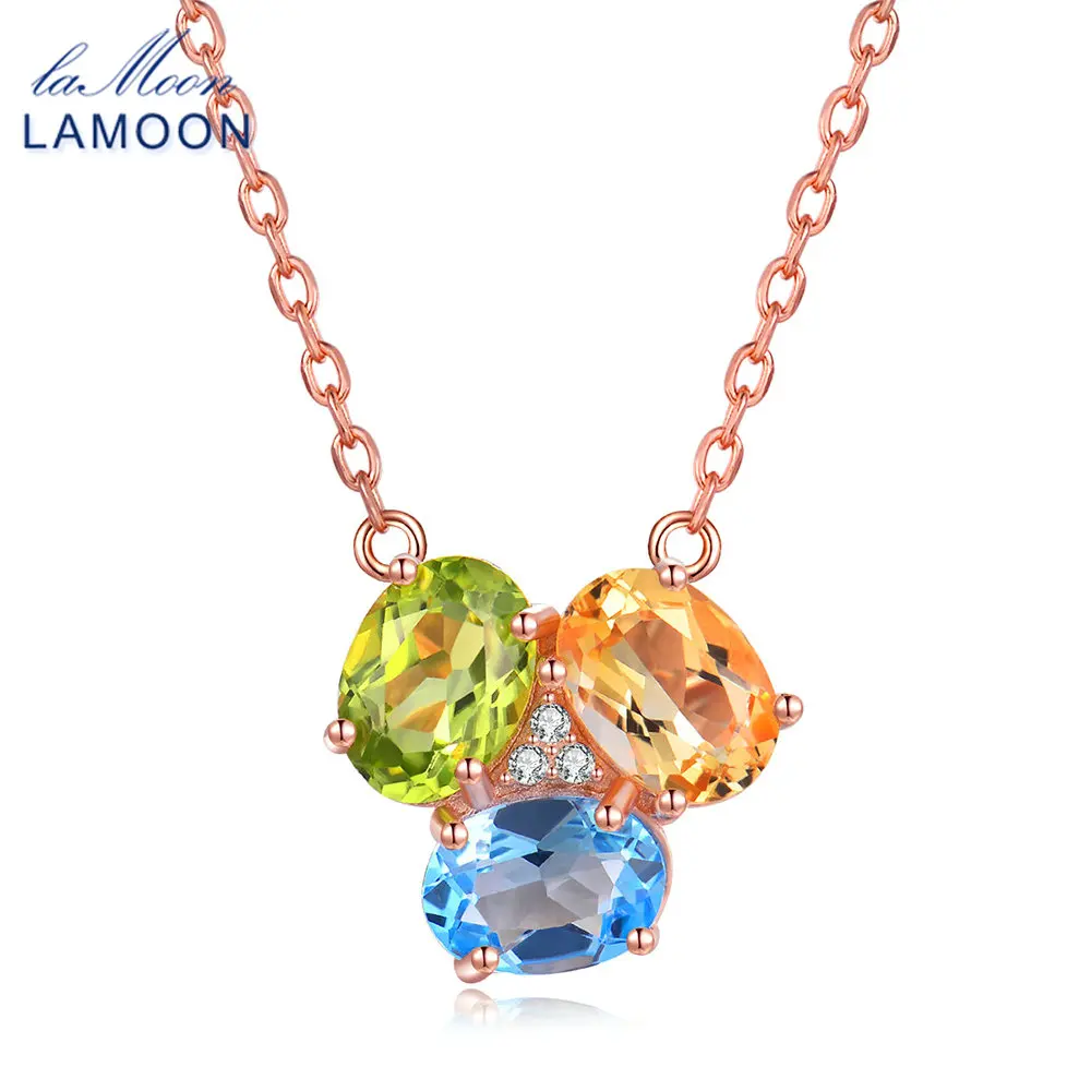 

LAMOON Oval Yellow Citrine Green Peridot Blue Topaz 925 Sterling Silver Chain Pendant Necklace S925 NI051