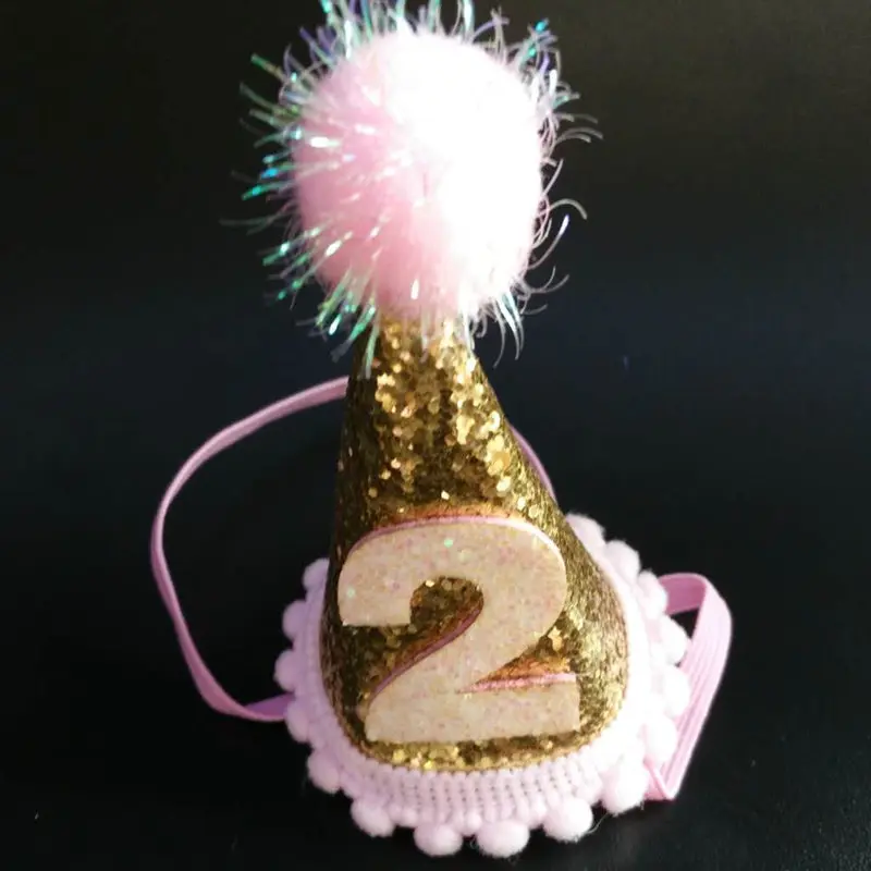 Girls 1st 2st Glitter Pompon Happy Birthday Hat Baby Shower Party Cake Caps Photo Props Hair Band Children Birthday Tiara Hats