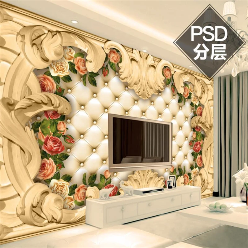 

beibehang Custom 3d wall paper European border luxury soft package rose mural sofa living room bedroom TV backdrop decorative