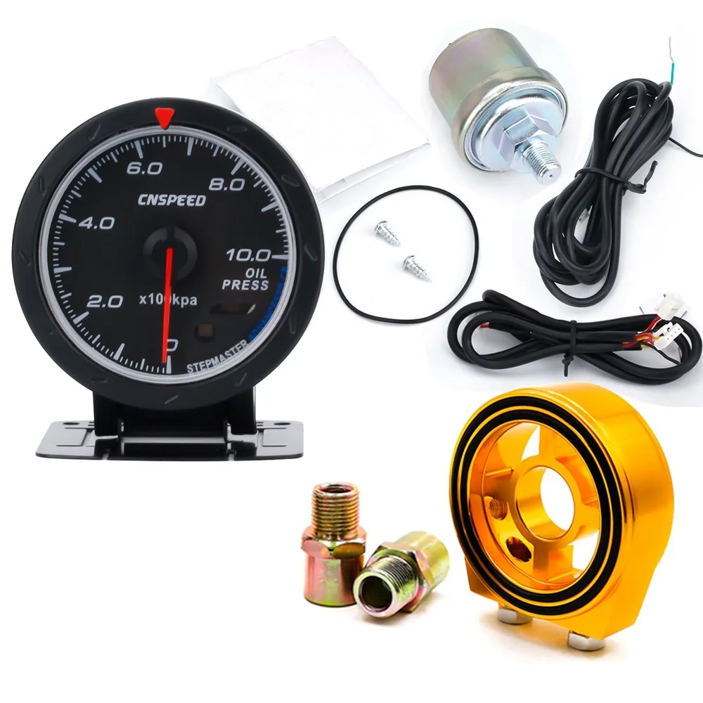 CNSPEED 60 мм Автомобильный 12 В Масляный Пресс ure Gauge 0-10 бар Масляный Пресс метр с датчиком красный и белый светильник с масляным фильтром сэндвич-адаптер - Цвет: gold Adapter