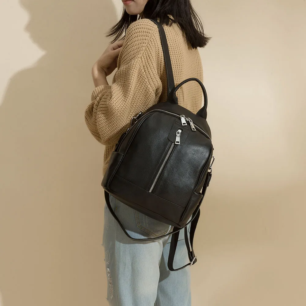 Zency Fashion Women Backpack 100% Cowhide Genuine Leather Black Travel Bags Girl's Schoolbag Notebook High Quality Knapsack |
