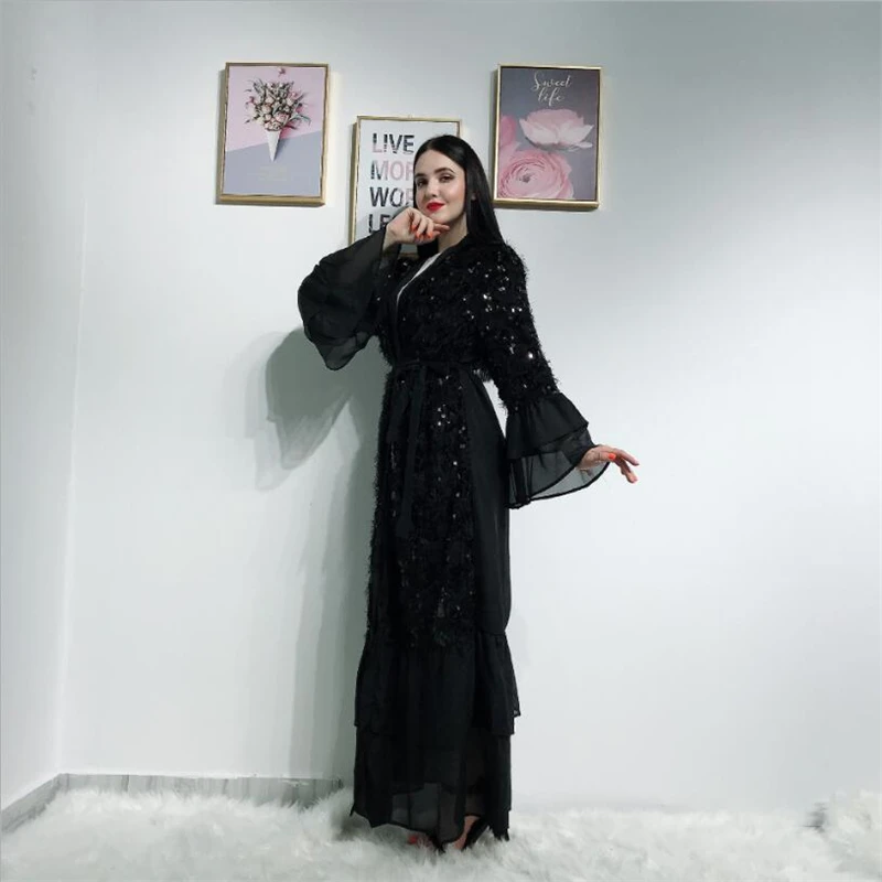 Мода Дубай блёстки Абая для женщин роскошное мусульманское Макси caftan открытое переднее арабское турецкое исламское платье Абая Дамская одежда