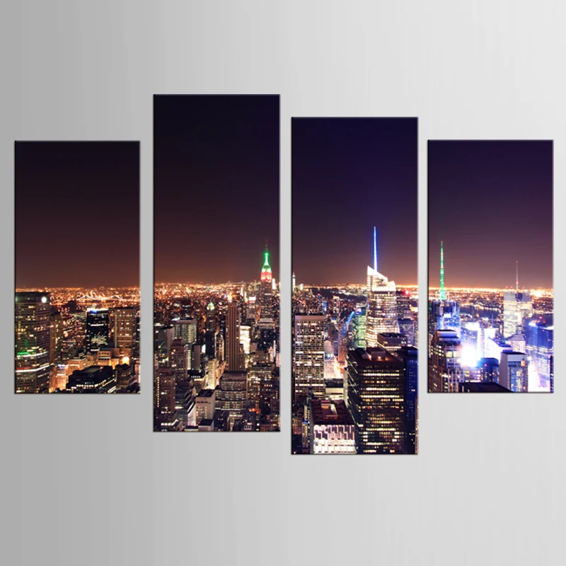 4 панельные настенные холсты городская Ночная печать картина идеальный постер