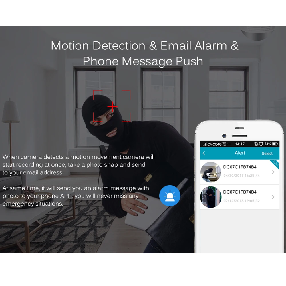Hiseeu Лампочка Беспроводная IP-камера Wi-Fi FishEye 960P/3MP 360 градусов VR CCTV Домашняя безопасность Панорамная вкл.