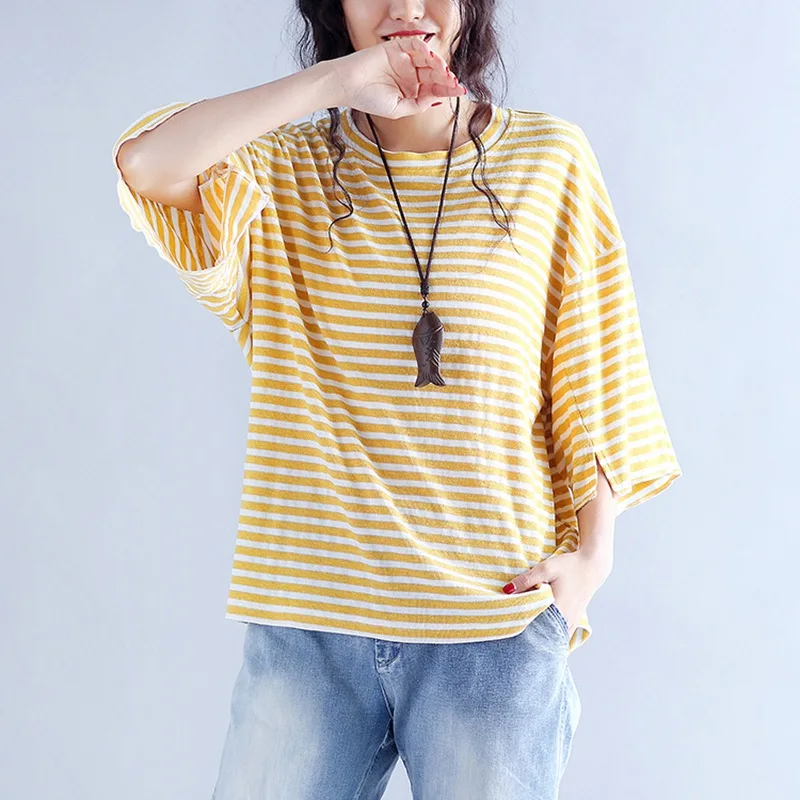 Elseisle Для женщин Летнее Полосатое свободная футболка черный корейский стиль в