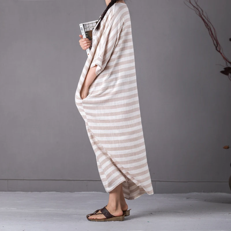 Летние женские платья 2017 винтажные полосатые рукава летучая мышь халат плюс
