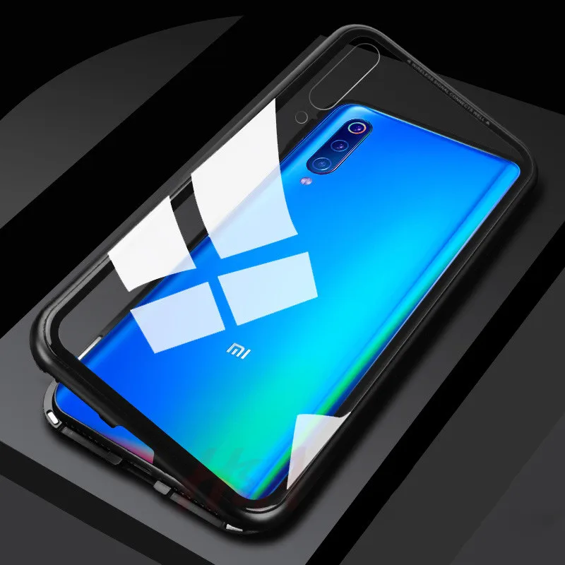 Металлический магнитный адсорбционный чехол для Xiaomi 9 8 SE Mi 8 Lite F1 Redmi 7 6A 6X Note 7 6 5 Pro, чехол из закаленного стекла на магните - Цвет: Черный
