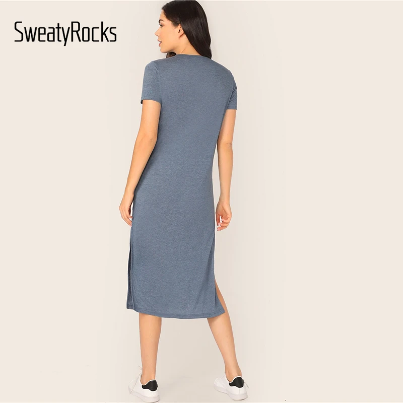 SweatyRocks Solid Split Side Tee Dress Summer Streetwear Blue Dresses Women Casual Short Sleeve Long Dress