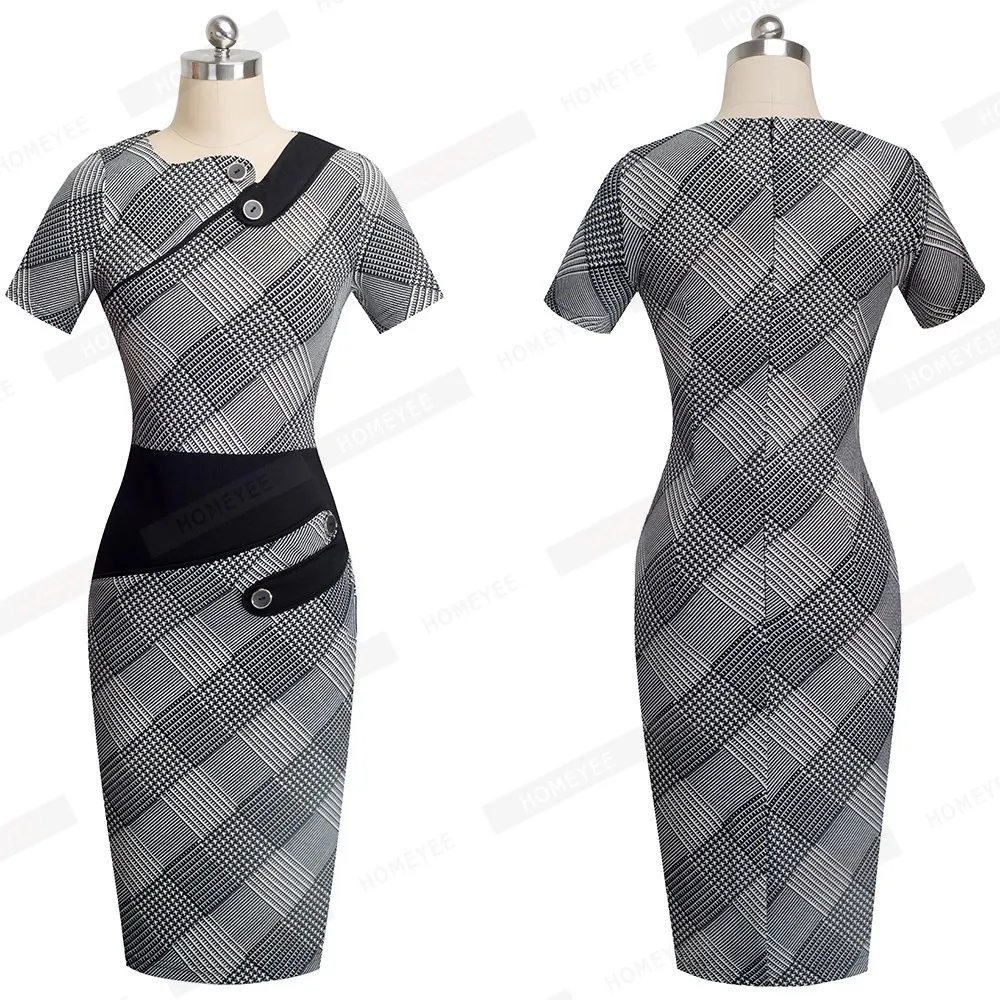 Summer Tunic Women Formal Work Office Sheath Patchwork Line Asymmetrical Neck Knee Length Pencil Dress EB527