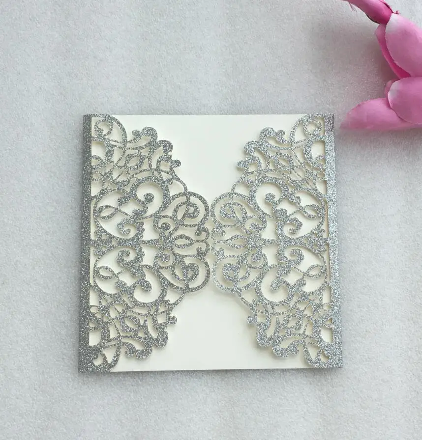 Silver pocket only Блестящие, серебряные лазерная резка, для свадьбы пригласительных билетов с лентой, индивидуальные приглашения комплект, 100 наборы для ухода за кожей, экспресс - Цвет: Silver pocket only