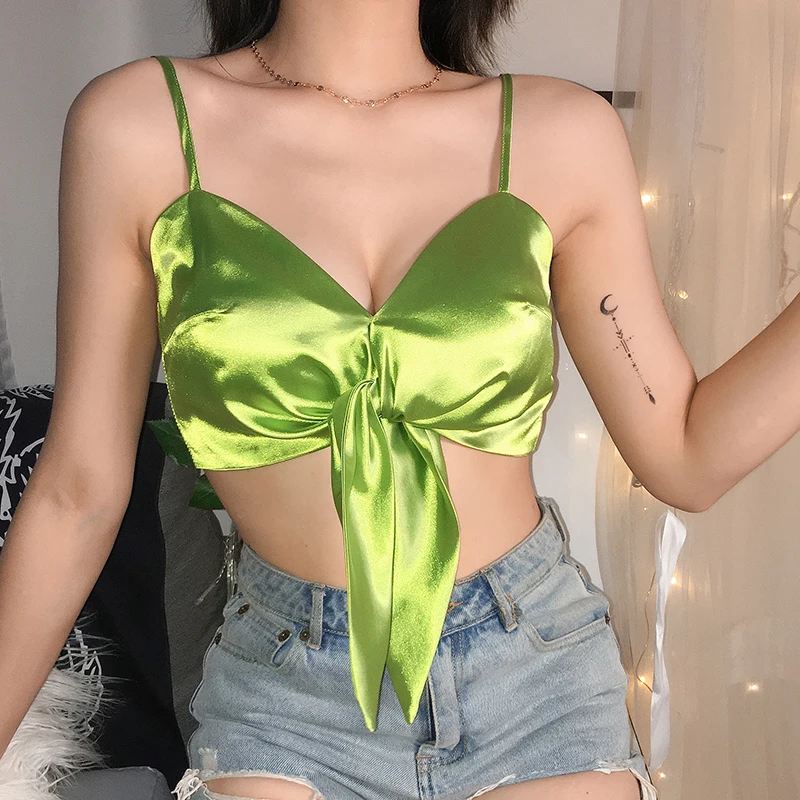 Милое зеленое атласное бикини Cami Top Camisole Лето глубокий v-образный вырез сексуальный пляжный стильный бандажный укороченный топ Женская праздничная одежда