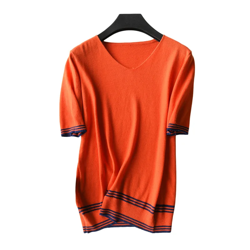 High Quality Spring Autumn Ladies V-Neck Cashmere Sweater Short Sleeve Knitted Pullover Women Stripe Thin Jumpers Smooth Soft | Женская