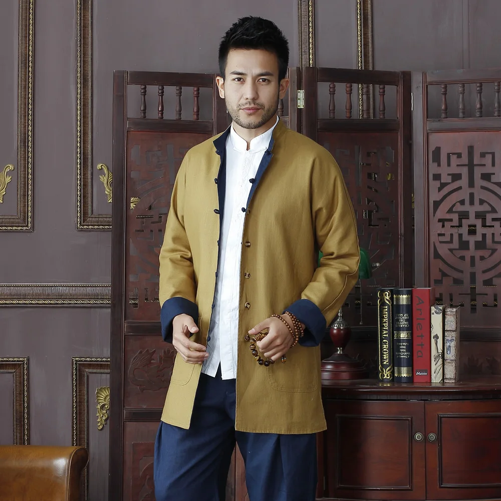 Синяя и Золотая Китайская традиционная Мужская двухсторонняя хлопковая льняная