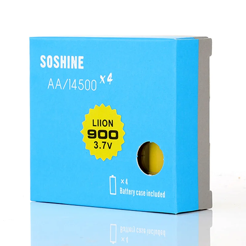 4 шт SOSHINE Li-Ion 14500 AA 900MAH 3,7 V Высокая дренажная перезаряжаемая батарея с вкладкой точечная сварка+ батарейный отсек для хранения