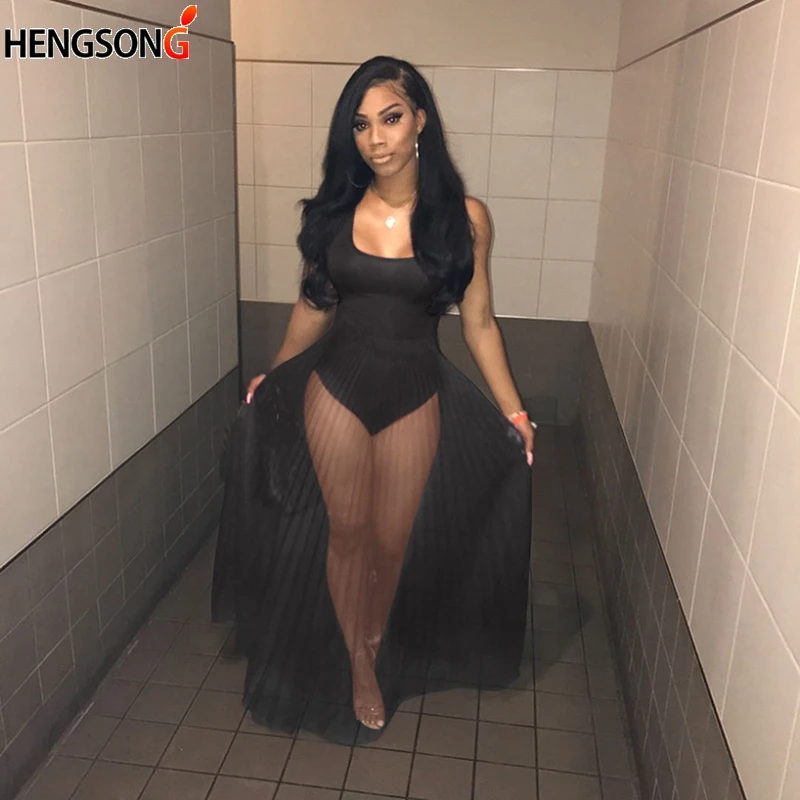 Новое Сетчатое платье макси пикантные Наложение See Through со складками для