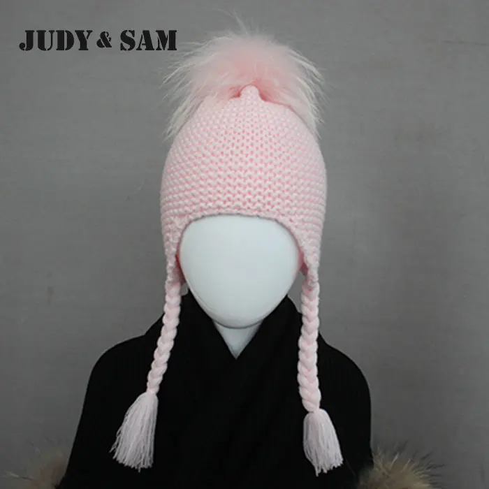 12-36Months Warm Winter Wool Blend Knitted Kids Earflap Hat with Matching Color Real Raccoon Fur Pom Poms Baby Bomber Hat