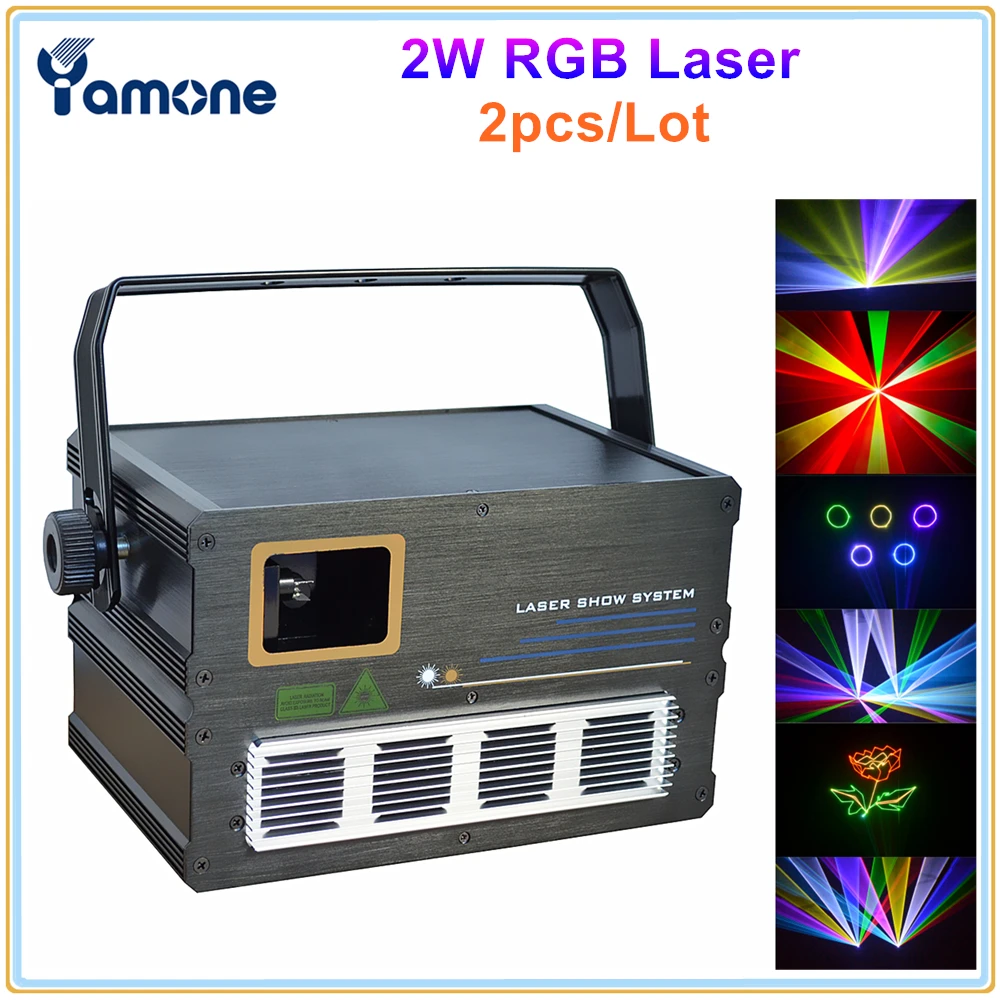 

2pcs/Lot 2W Network Interface ILDA+DMX+SD Card Analog Modulation Full Color RGB Laser Disco Light Projector With I-show Software
