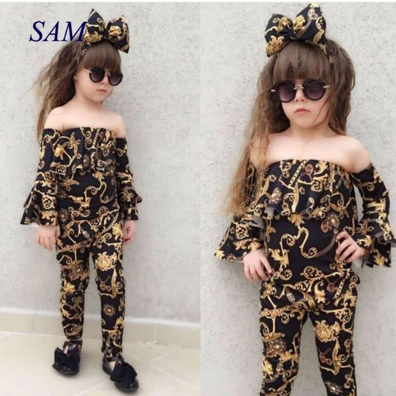 2021 autumn ins girls word collar flare sleeves top+printed trousers + headband bow 3 pcs suit children's fashion clothing sets | Мать и