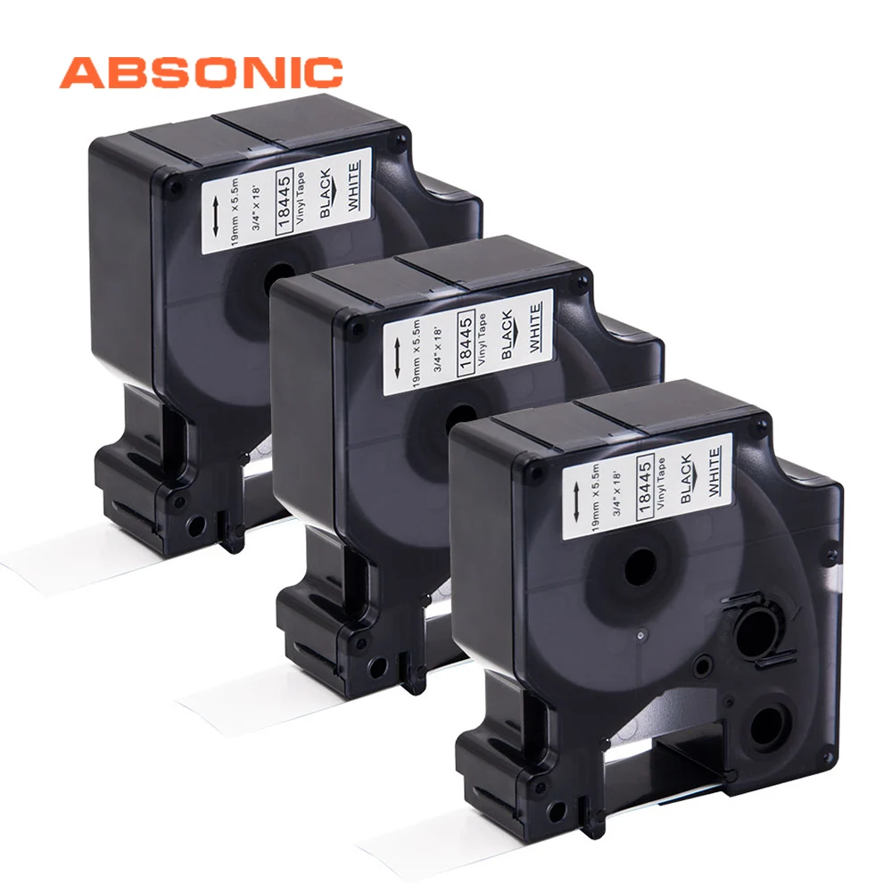 Absonic 3 шт. 19 мм IND виниловая этикетка DYMO Rhino 18445 черная на белых лентах промышленный