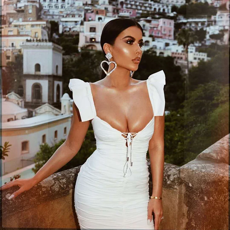 Женское вечернее платье без рукавов Parthea Белое Облегающее с оборками на шнуровке