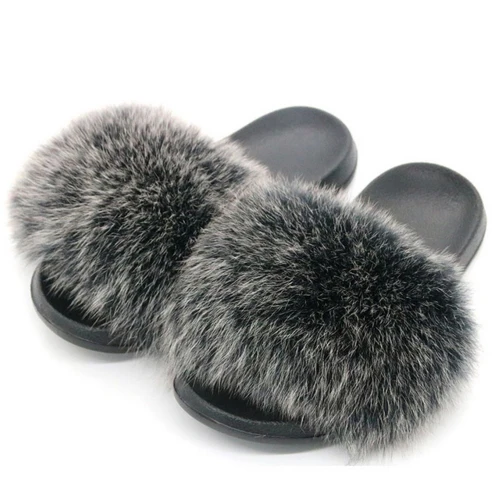 Frost Black COOLSA/женские плюшевые тапочки из лисьего меха; женские зимние теплые тапочки; женские пушистые тапочки на меху; женские пушистые ползунки - Цвет: Frost Black