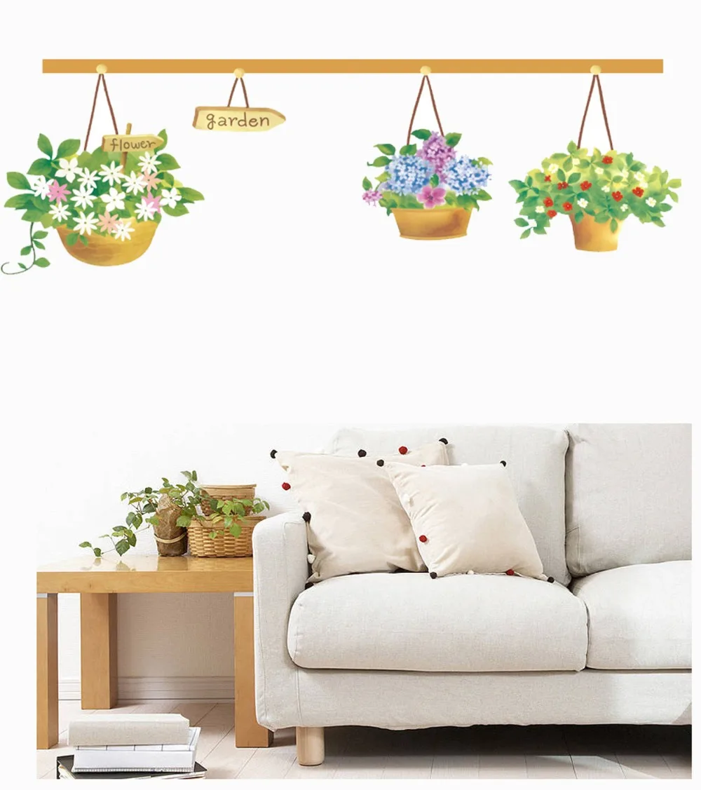 Цветы в корзине наклейки на стену форме бабочки бонсай зеленое растение