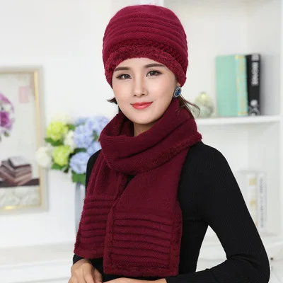 wine red Ymsaid Новая зимняя женская шапка с кроличьим мехом, шарф, комплект из теплой шерсти, вязаные плюшевые шарфы, 2 шт., вязаная шапка для мам, подарки, флисовая шаль - Цвет: wine red