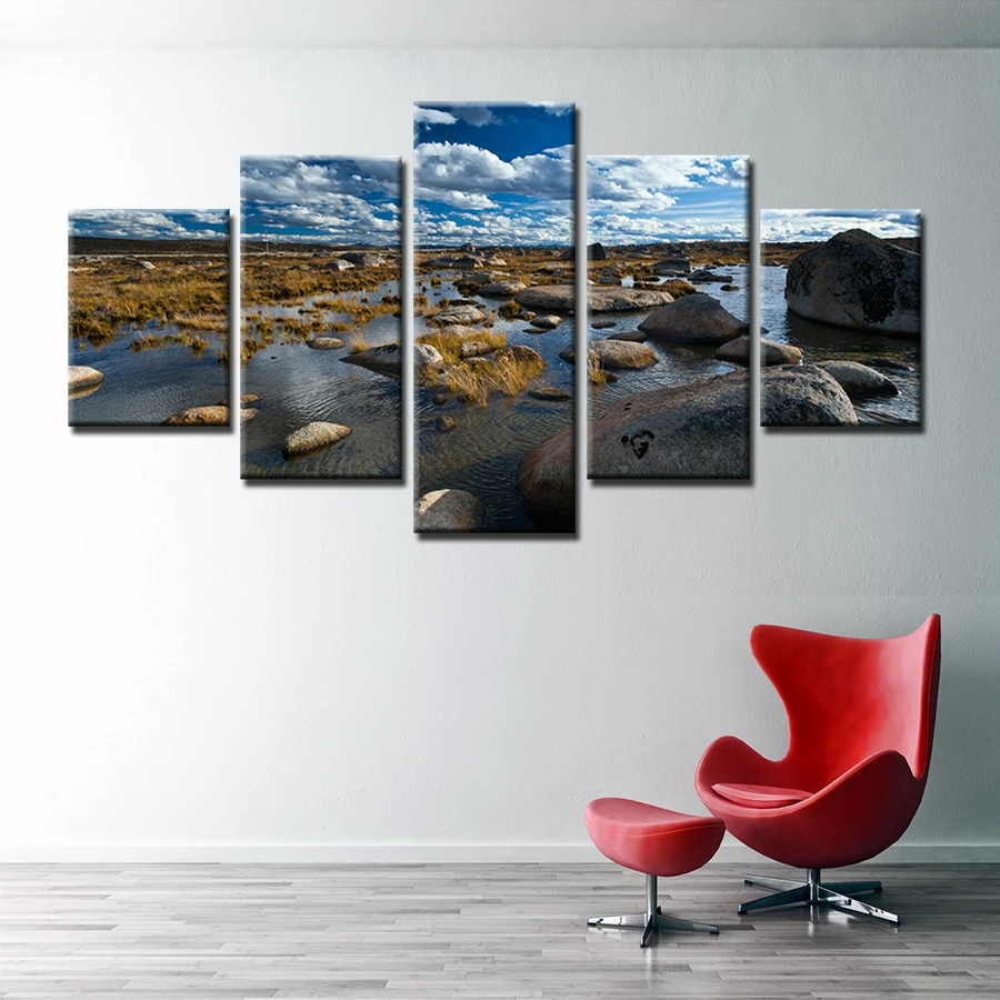 Камень в озеро голубое небо природа Настенная картина 5 панелей модульная