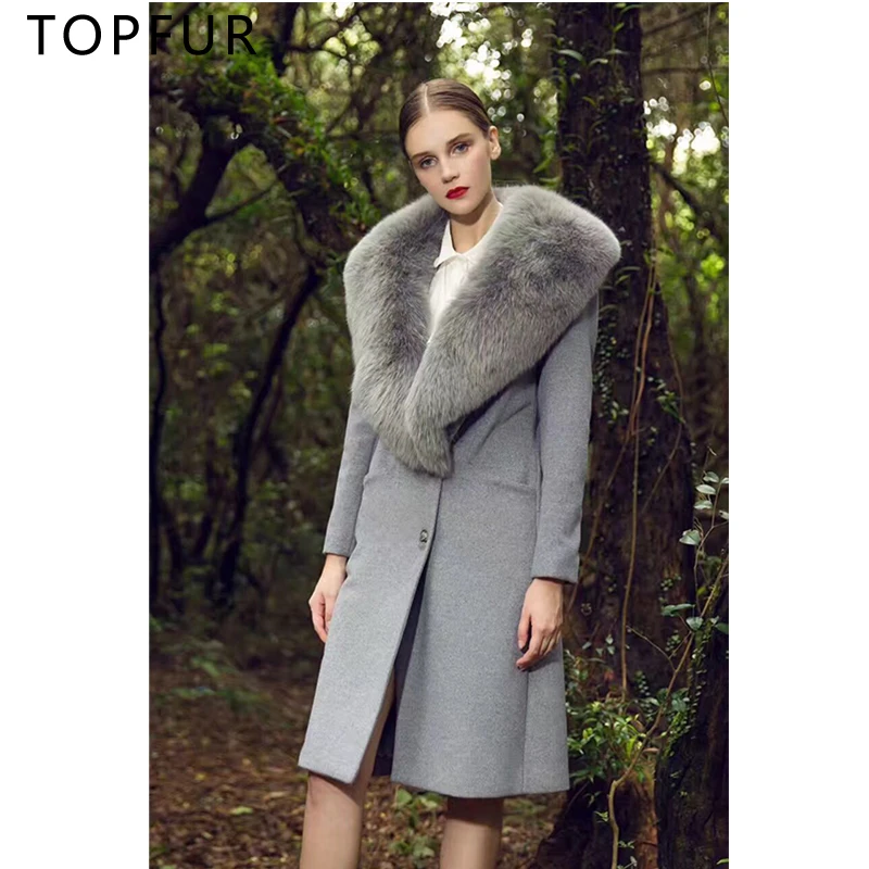 TOPFUR 2021 Luxury Fashion Women Real Fur Coat Winter Cashmere Warm Coat With Fox Fur Collar  New Style Natural Fur Jacket