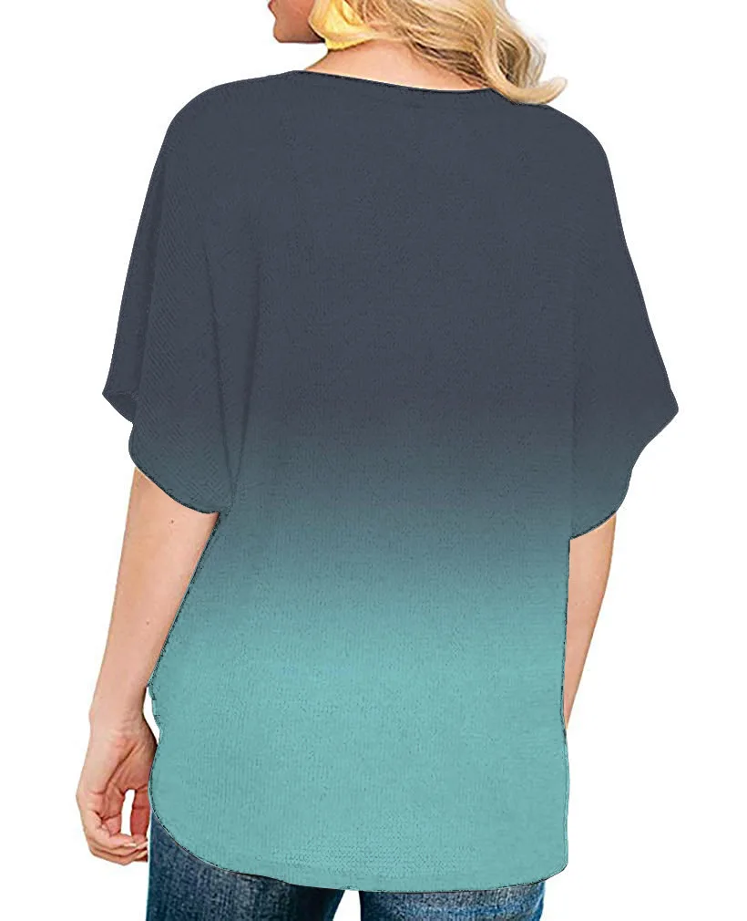 2019 Лето Градиент Для женщин с v образным вырезом топы футболка короткими рукавами