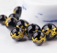1 string 8101214mm glass beads black color gold dragon carved beads for diy jewelry components making bracelets accessories