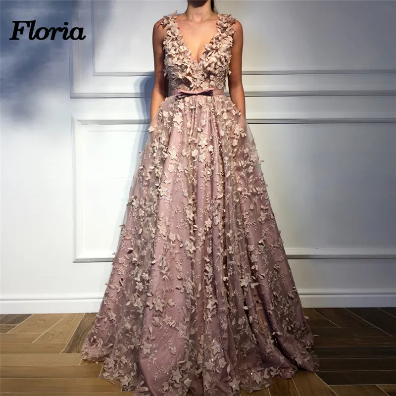 

3D Flower Evening Dresses Dubai Arabic Pageant Dress Muslim Turkish Kaftans African V neck Formal Prom Gowns Robe de soiree