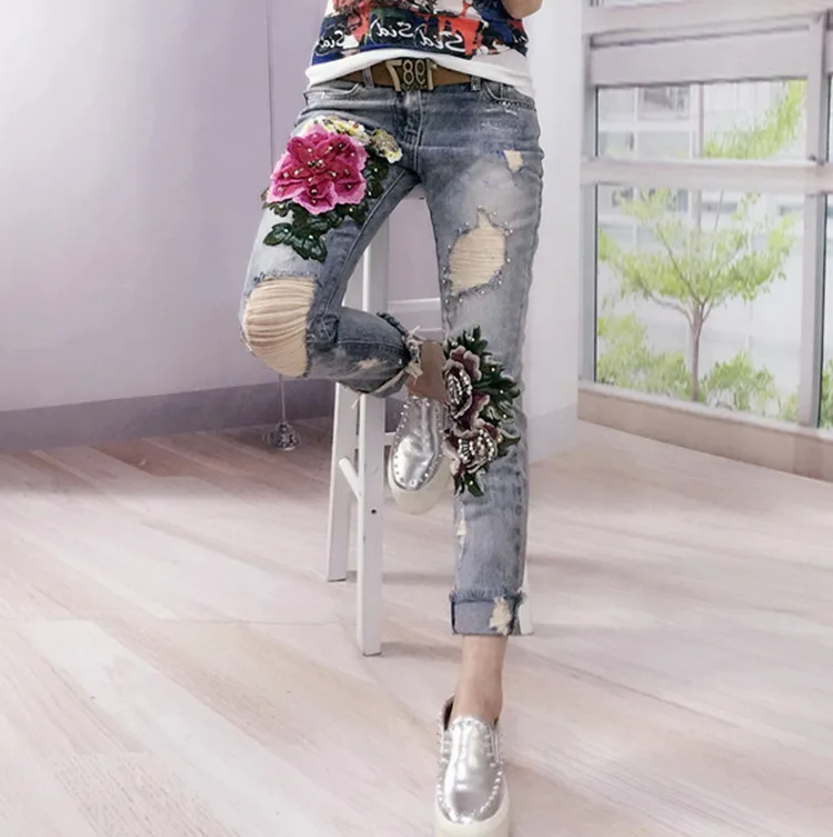 Модные женские рваные джинсы Boyfriend с объемными цветами и бусинами, женские джинсовые брюки-карандаш в винтажном стиле