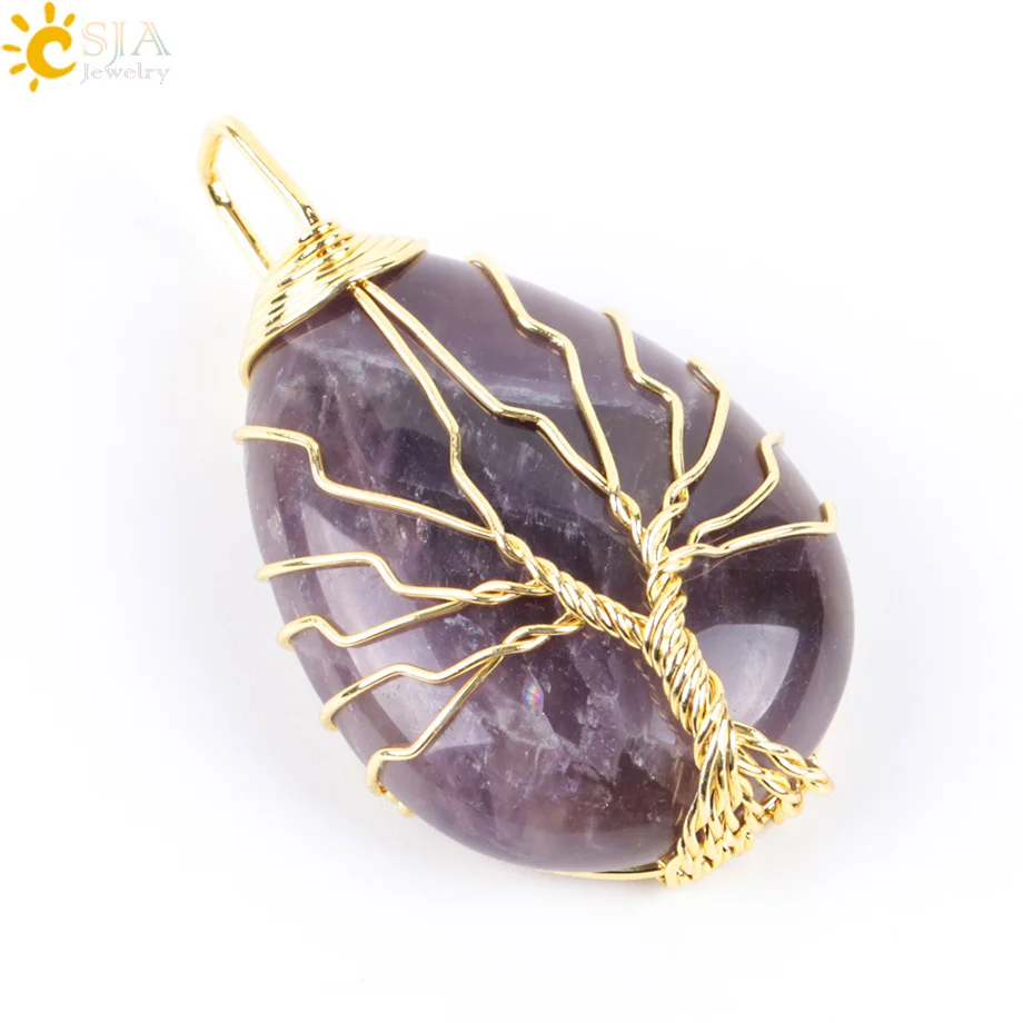 Amethyst Pendant CSJA золотой цвет "Древо жизни" проволочный обруч Капля воды ожерелье и подвесной рейки натуральный драгоценный камень Фиолетовый Синий вены ювелирные изделия из оникса E806 - Окраска металла: Amethyst Pendant