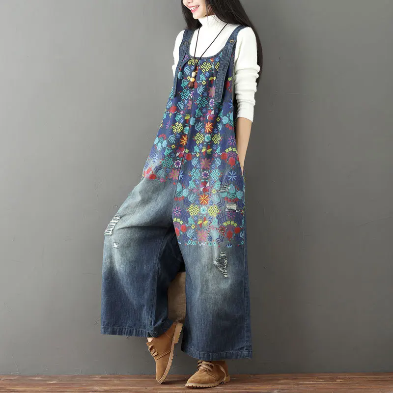 Denim Jumpsuits Women Ripped  Jeans Oversize Scratched Bib Wide Leg Overalls Female Baggy Rompers Japan Harajuku Printed Floral