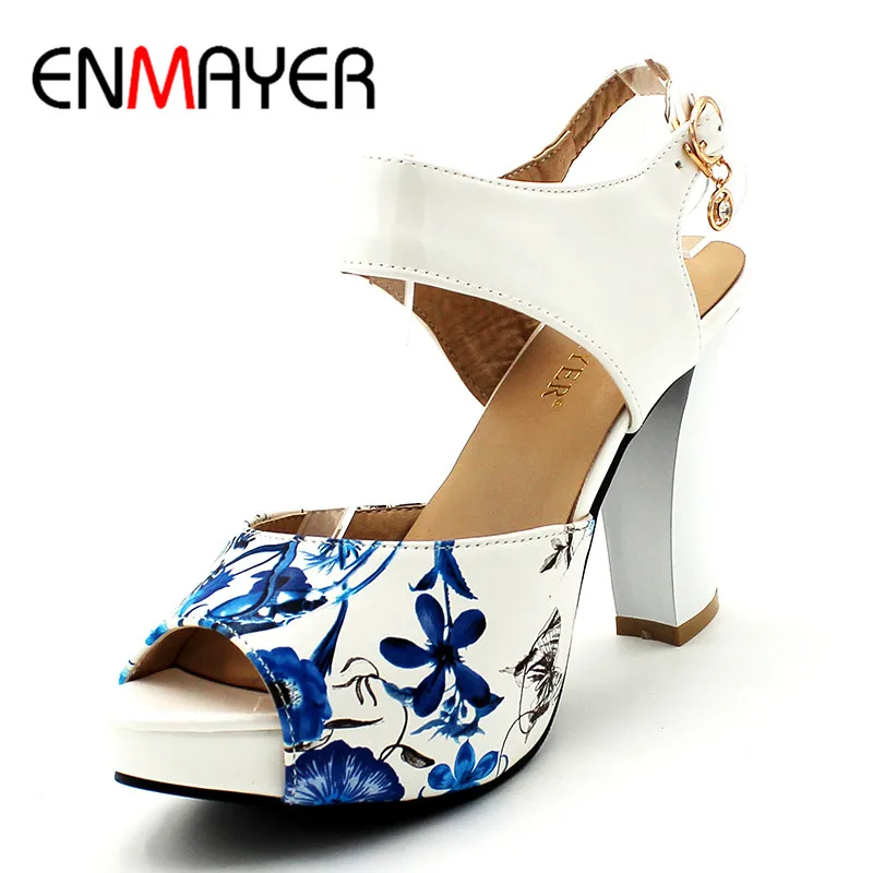 

ENMAYER Summer Women Fashion Sandals Pumps Shoes Ankle Strap Buckle Strap Peep Toe Square Heel Platform Large Size 34-39 Black