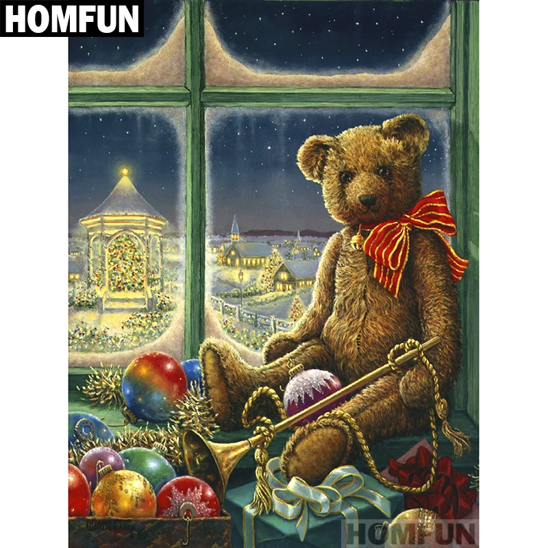 

Алмазная живопись HOMFUN A01260, полноразмерная/круглая вышивка «Рождественский Медведь», 5D для творчества, домашний декор