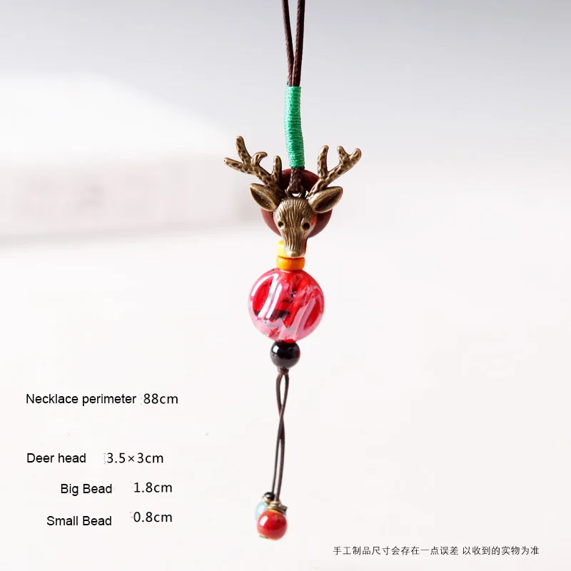 Handmade Ethnic Jewelry Women's Long Hand Made Ceramic Beads Deer Head Flower Pendant Sweater Chain Necklace WW-169 | Украшения и