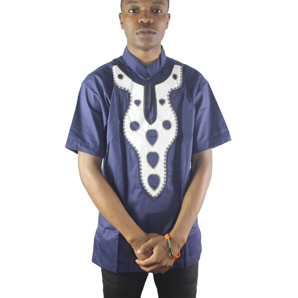 Африканские темно синие вышитые мужские этнические топы с короткими рукавами