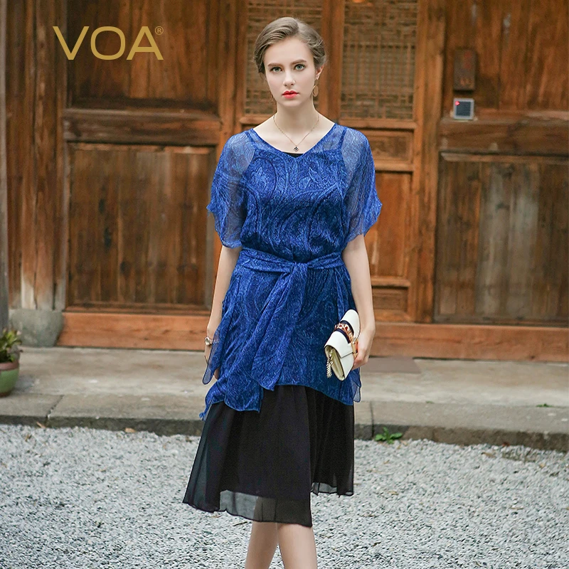 Платья VOA с шелковым принтом женские модные сексуальные тонкие синие коротким
