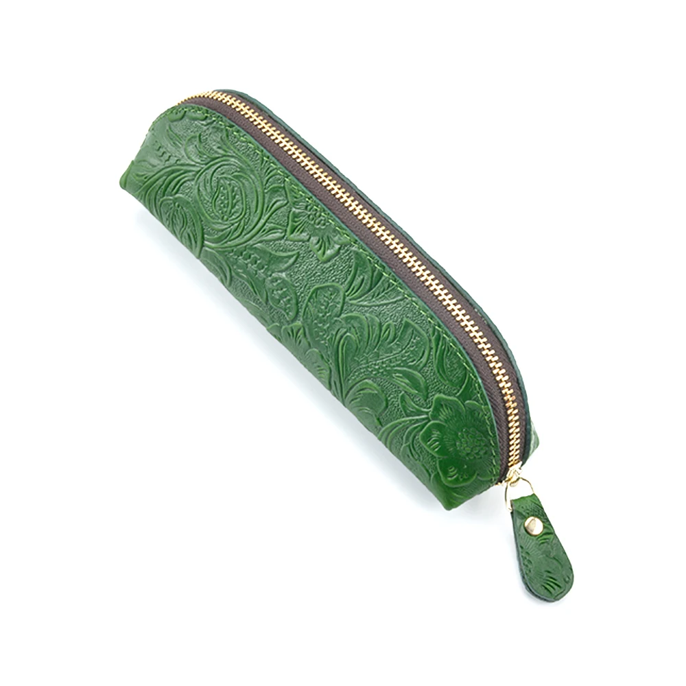 Moterm Handmade Genuine Leather Zipper Pen Pencil Bag Vintage Retro Style Creative School Stationary Accessories Free shipping - Цвет: C Green
