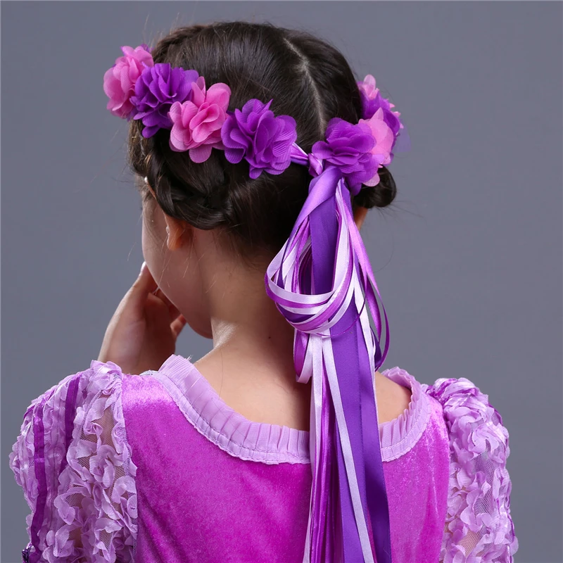2017 Rapunzel Cosplay Dress Children Girls Long Hair Princess Halloween Costume Clothes Kids Clothing with Sleeves Garland | Детская