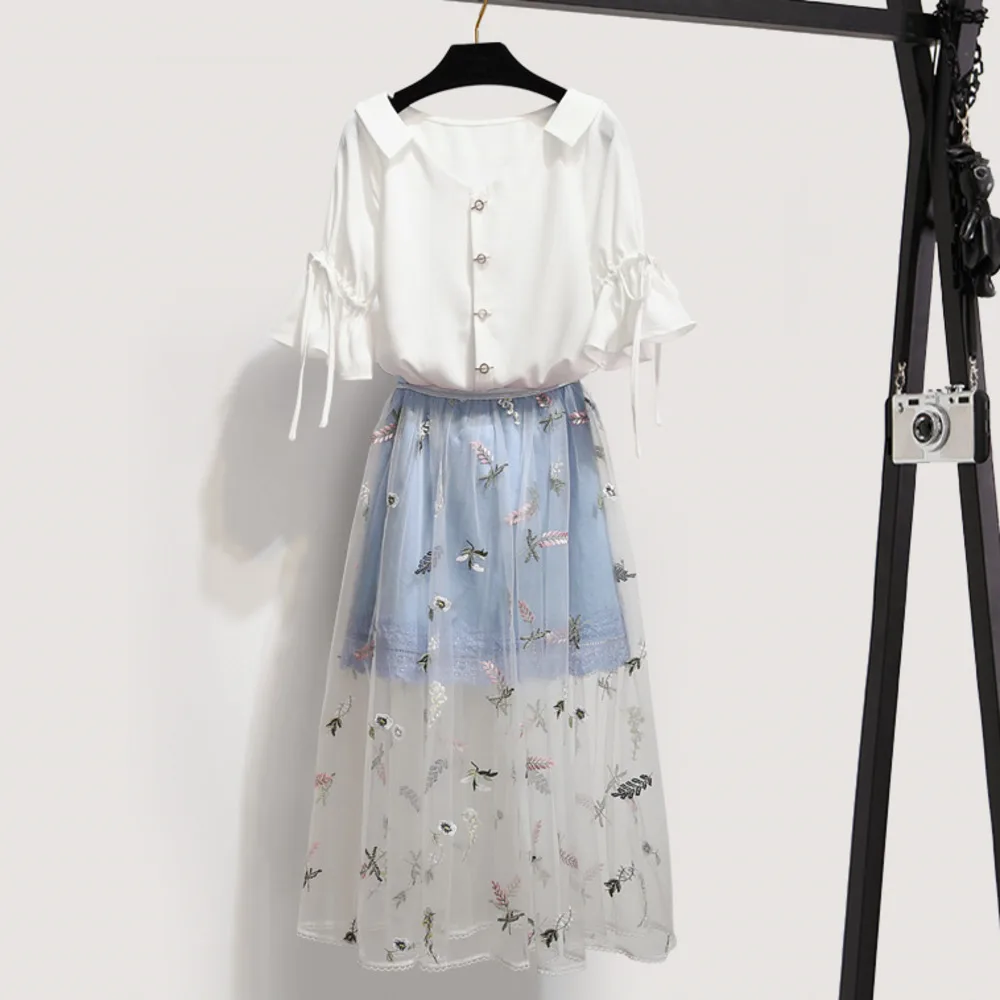 2019 летний костюм из 2 предметов с юбкой женская шифоновая блуза жемчужными