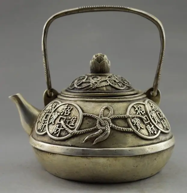 Exquisite Chinese Collectible Decorated Old Handwork White Copper Bring Money Coin Auspicious Teapot